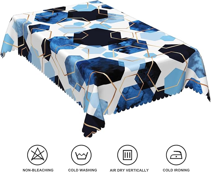 54x108inches Elegant Hexagons Tablecloth Blue White Gold Modern Geometric Abstract Art Fabric Table Cloth Marble Texture Waterproof Table Cover for Kitchen Dining Room Banquet Party Decor