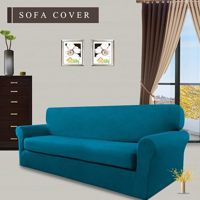 Easy-Going 2 Pieces Microfiber Stretch Sofa Slipcover – Spandex Soft Fitted Sofa Couch Cover, Washable Furniture Protector with Elastic Bottom Kids,Pet (Sofa, Peacock Blue)