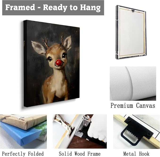 Christmas Red Nosed Reindeer Wall Art Prints,Cute Rudolph Reindeer Painting,Whimsical Baby Reindeer Canvas Prints,Moody Vintage Rudolph Poster,Rustic Christmas Nursery Home Decor