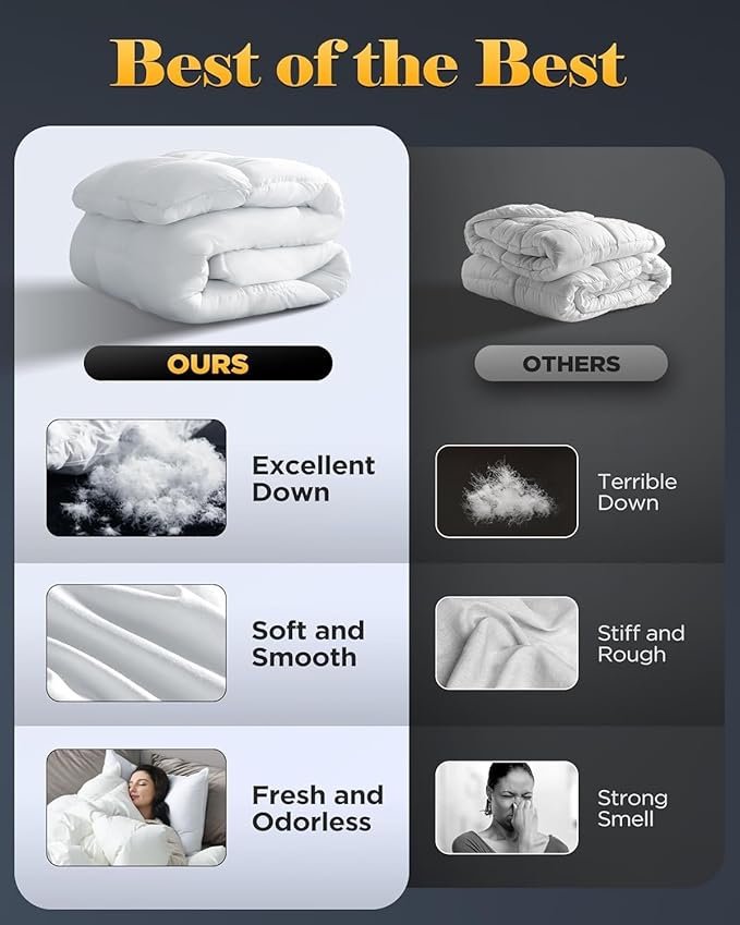 3D Baffle Box Real Down Comforter, 750 Fill-Power Ultra-Soft Down Duvet Insert, All Season White Feathers Down Comforters Queen Size, Medium Warm Bed Comforters, Fluffy and Cozy, 8 Tabs - 90"X90"