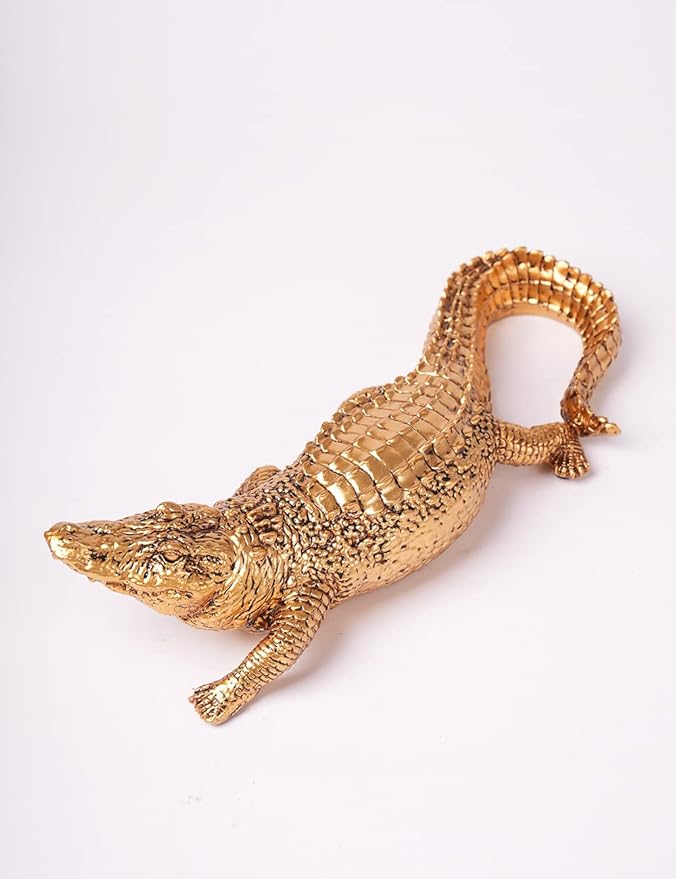 HAUCOZE Crocodile Sculpture Statue Animal Figurine Geometric Decor Polyresin Gold 14 inch