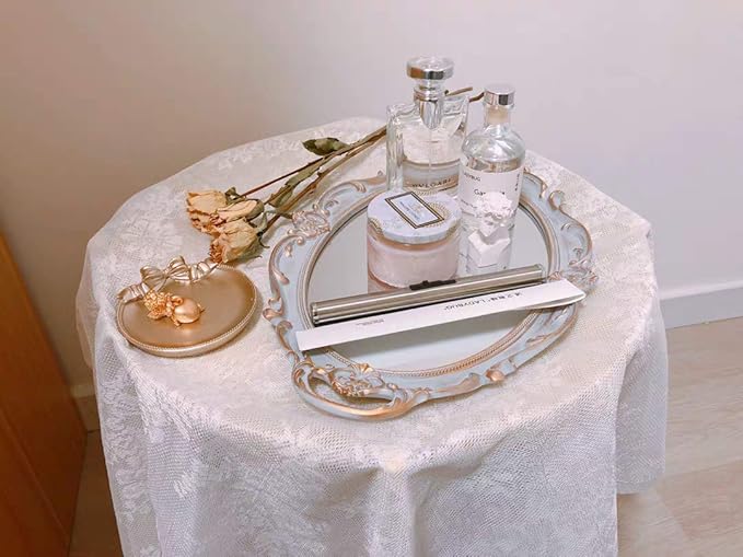 Oval Vintage Decorative Mirror Tray, Jewelry Dresser Organizer Tray, Cosmetics Makeup Storage Organizer, Serving Tray (9.8”x 14.6”) Gray