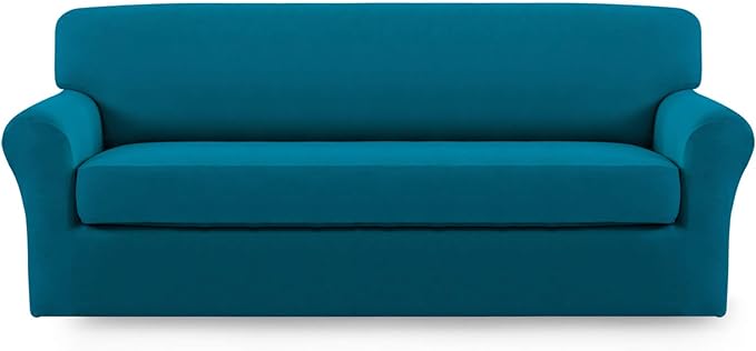 Easy-Going 2 Pieces Microfiber Stretch Sofa Slipcover – Spandex Soft Fitted Sofa Couch Cover, Washable Furniture Protector with Elastic Bottom Kids,Pet (Sofa, Peacock Blue)