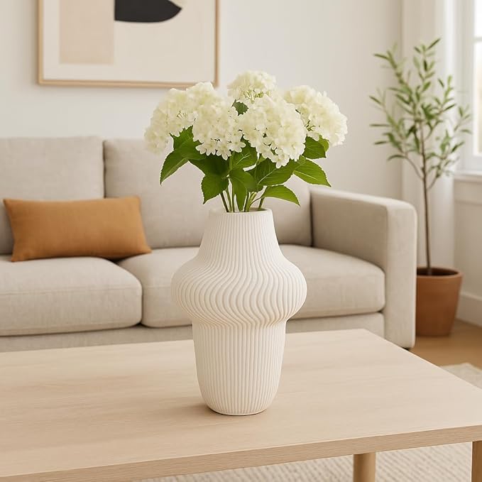 Texture Ceramic Vase for House Decor - 3D Printed Design, Perfect as a Flower Vase for Bedroom, Table, and Office Display - Modern Sculpted Home Accent for Room and Living Room Decor – 10", Ivory