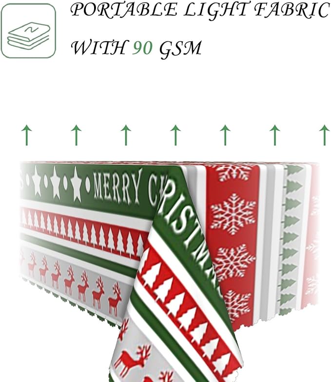 60x102 Inch Merry Christmas Rectangle Tablecloth Reindeer Snowflakes Xmas Tree Stripes Table Cloth Washable Durable Table Cover for Kitchen Dining Banquet Ugly Christmas Sweater Party Decor
