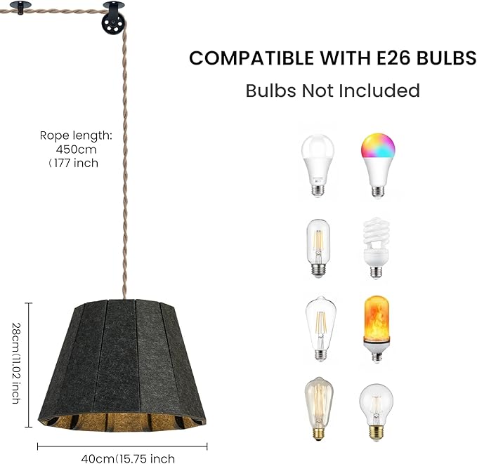 Pendant Light with Felt Lampshade, Modern Hanging Lamp Fixture, DIY Acoustic Plug-in Pendant Light for Kitchen Island, Living Room, Dining Room, Bedroom, Office (D15.7"x11")