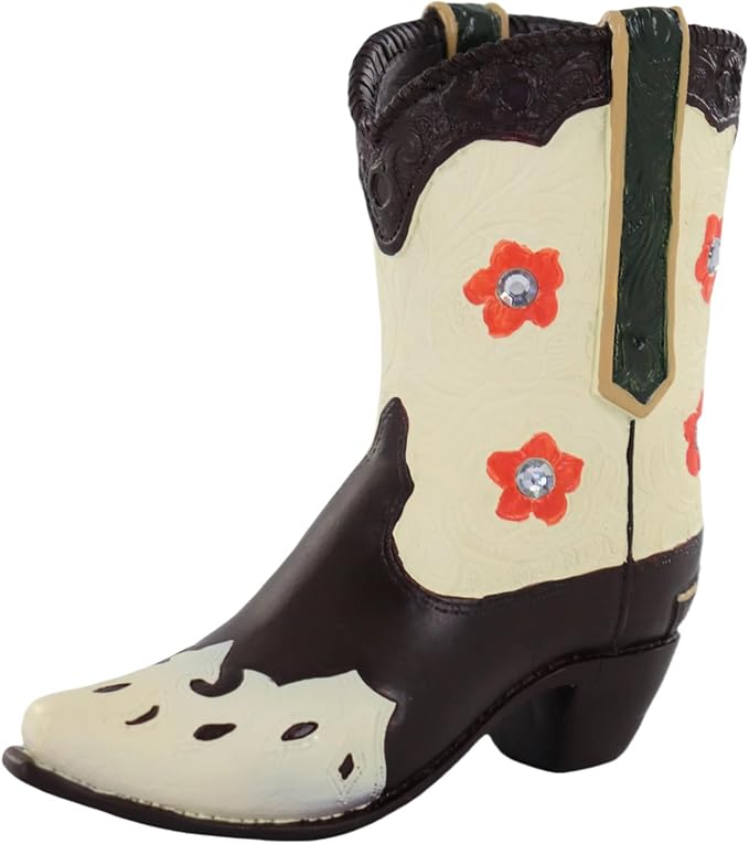 Rustic Cowboy Boot Resin Figurine – Brown & Cream Western Boot Sculpture with Red Flowers – Vintage Farmhouse Country Decor Accent – 6.89” Handicraft Personalized Gift (Brown)