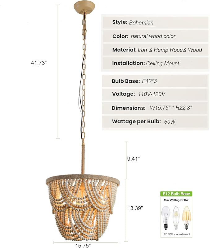 Wood Beaded Chandelier 3-Lights Rustic Antique Coastal Boho Pendant Light Fixtures for Nursery Baby's Bedroom Dining Room Living Room Kicthen Entryway