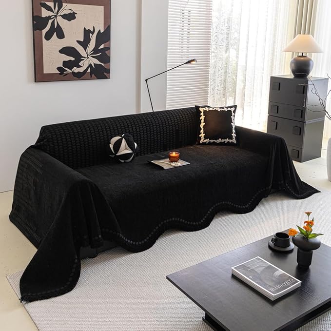 ROOMLIFE Black Couch Cover Sofa Covers, Chenille Couches Covers for 3 Cushion Sofas, Non Slip Soft Breathable Sofa Slipcovers for Pet, Washable Furniture Protector with Tassel,71''X134”