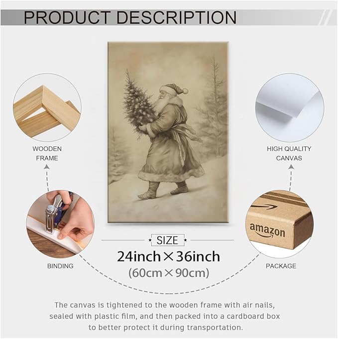 Santa Claus Sketch Poster Vintage Christmas Tree Wall Art 24x36 inch Framed Antique Winter Landscape Canvas Pictures Cozy Holiday Wall Decor