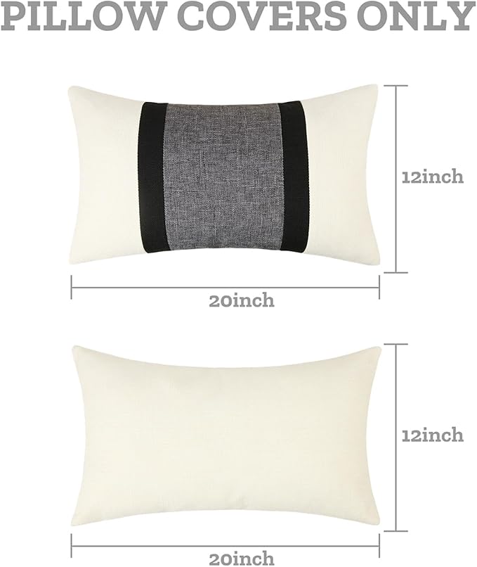 Pyonic 12x20 Pillow Covers Set of 2 Farmhouse Decor Stripe Patchwork Linen Throw Lumbar Pillow Covers Boho Accent Cushion Covers for Couch Sofa,Black White Grey