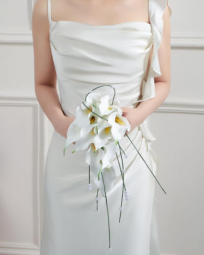 Bridal Bouquet:9 Stems White Calla Lily Pearl Bouquet EVA Real Touch-Wedding Bouquet for Bride/Bridesmaid