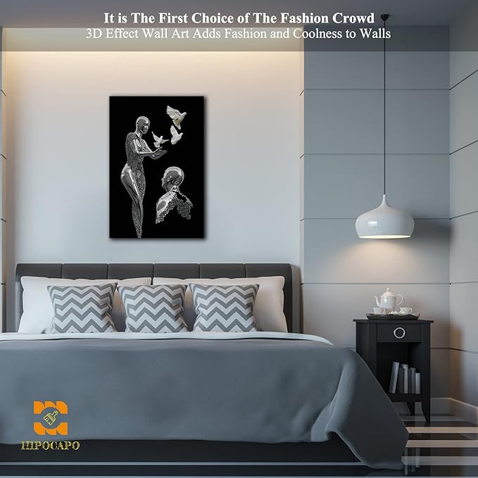 HIPOCAPO 3D Metal Effect Wall Art - Canvas Art, Decor for Modern Living Room, Framed Romantic Couple Put Pigeons pictures bedroom 12''x18''x1Pcs 3d Art-24