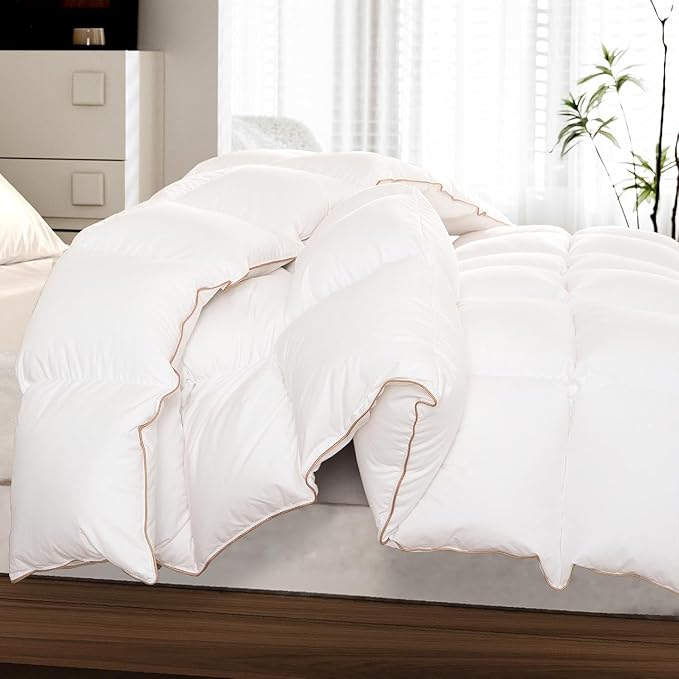 Down Fiber Comforter Oversized King Size – All Season Fluffy White Duvet Insert, Lightweight Warm Feather Bedding, Soft 100% Cotton Cover, 116 x 98 Inch