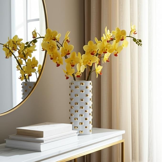Modern Glam Stoneware Vase with Geometric Accents – Decorative Ceramic Flower Holder – Elegant Home Decor Accent for Living Room, Bedroom, Dining Room, or Office – 11", White and Gold