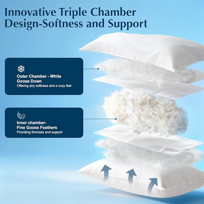 Luxury Goose Feather Down Pillow Queen Size, 100% Cotton Shell, 3-Chamber 5 Star Hotel Pillow for Deep Sleep, Soft Bed Pillows for Neck Pain Relief, Perfect for Side, Back Sleepers - 20"x30"