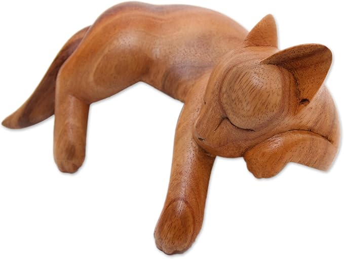 NOVICA Handmade Suar Wood Sculpture | Artisan Crafted Natural Finish | Rustic Home Decor Accent | Carved Arborvitae | Animal Themed ' Relaxed Cat' 4.7" H x 6" W x 3.1" D