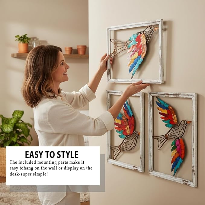 Newinhome Boho Metal Wall Art Birds,Wall Decor Colorful Bird 3 Pieces, Rustic Bird Wall Art,Farmhouse Home Wall Decor for Living Room Bedroom Bathroom house warming gift