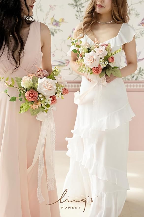 Ling's moment Artificial Flowers Pink Bridesmaid Bouquet, Blush Garden Wedding Flowers Bouquets for Bridesmaids, 7 Inch Bridal Bouquets for Bridesmaids, Wedding, etc