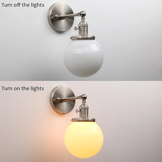 PERMO Vintage Industrial Wall Sconce with 5.9" Round Globe Milk White Glass Hand Blown Shade Brushed Nickel Sconces with E26 Bulb Base Hardwired Wall Light Fixtures