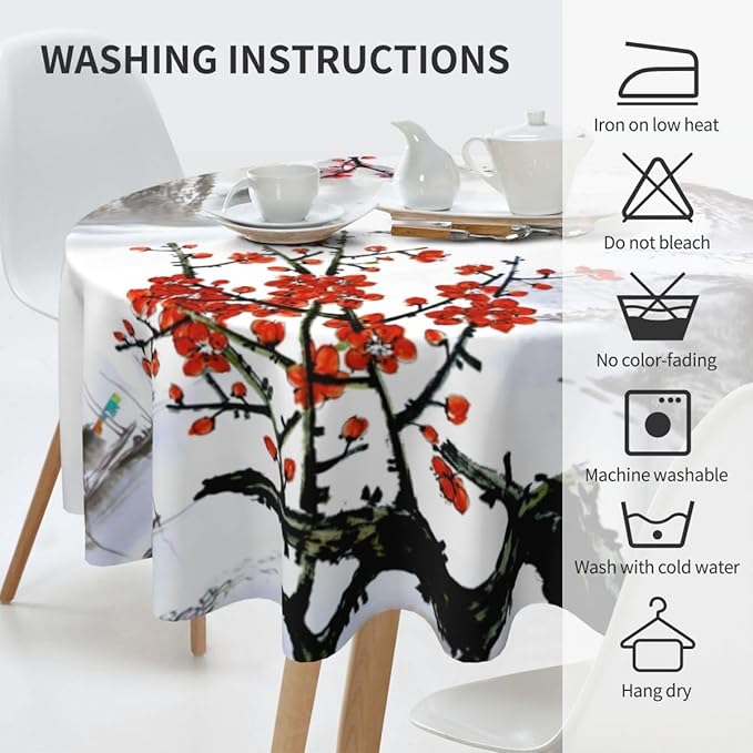 Chinese Landscape Tablecloth, Traditioanal Cherry Blossom Japanese Oriental Vintage Eastern Water Resisitant Wipeable Table Cover for Dining Kitchen Living Room Home Party Holiday Decor 70 inch Round