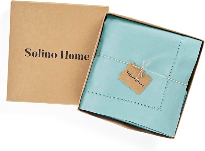Solino Home Linen Tablecloth for Rectangle Tables 60 x 156 Inch - Classic Hemstitch 100% Pure Linen Aqua Blue Table Cloth - Machine Washable Cloth Tablecloth for Christmas
