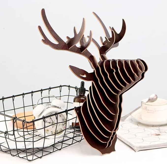 Hooshing Wall Decor Deer Head Antler DIY 3D Wooden Puzzle Sculpture Trophy Brown Wall Decoration for Home Living Room Office