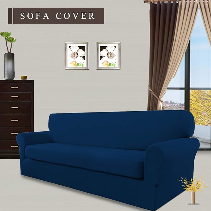 Easy-Going 2 Pieces Microfiber Stretch Sofa Slipcover – Spandex Soft Fitted Sofa Couch Cover, Washable Furniture Protector with Elastic Bottom Kids,Pet (Sofa, Navy