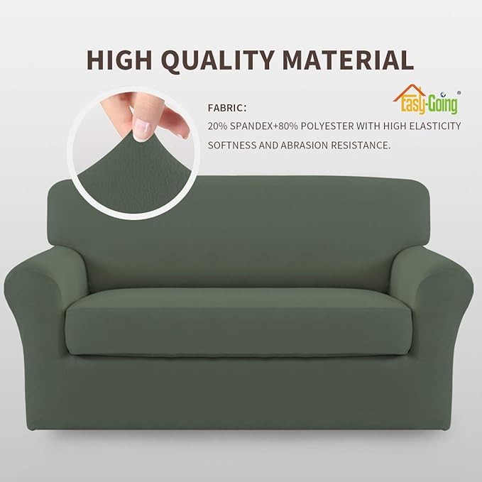 Easy-Going 2 Pieces Microfiber Stretch Sofa Slipcover – Spandex Soft Fitted Sofa Couch Cover, Washable Furniture Protector with Elastic Bottom Kids, Pet (Loveseat, Greyish Green)