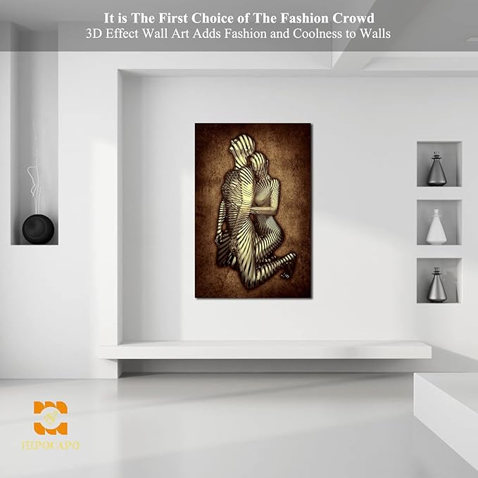3D Metal Effect Canvas Wall Art- Gold 3D Metal Canvas Art Silver 3D Canvas Art Wall Decor for Modern Living Room, Romantic Couple Living Room Canvas Wall Art Framed 32”x48”x1Pcs