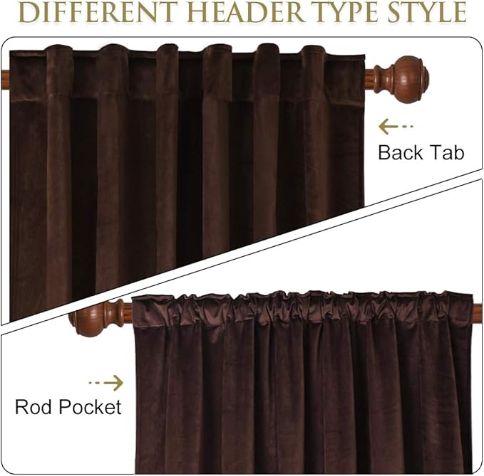 StangH Brown Velvet Curtains 102 inches Long, Heavy Duty Thermal Blackout Drapes with Back Tab, Noise Reducing Cozy Home Decor for Sliding Door, W52 x L102, 2 Panels