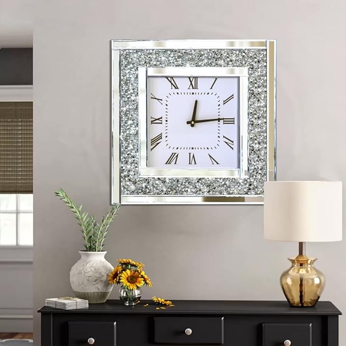 DMDFIRST Silver Square Mirror Clock 20x20inches Crystal Sparkle Twinkle Bling Crushed Diamond Mirrored Large Wall Clock for Wall Decoration Silver Glass Mirror Home Décor. AA Battery is not Included.