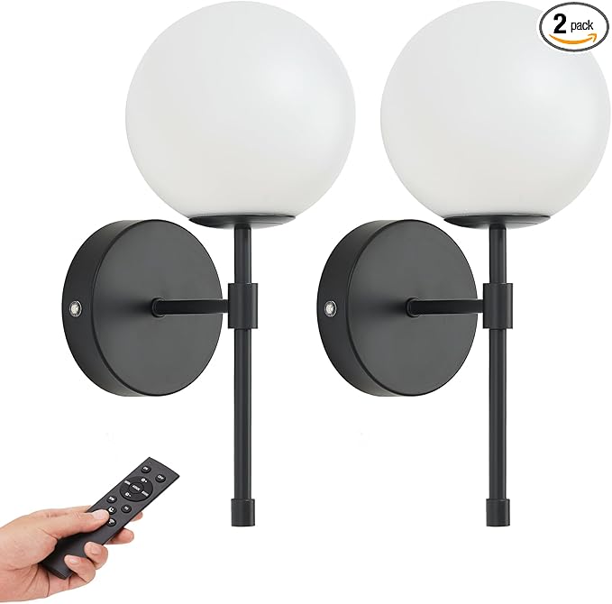 Battery Operated Globe Wall Sconces Set of 2, Black Wireless Wall Lights with Remote Control, Rechargeable 3 Color Stepless Dimming Modern Wall Decor Lamp for Bedroom Living Room Hallway
