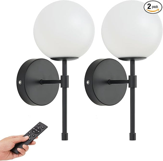 Battery Operated Globe Wall Sconces Set of 2, Black Wireless Wall Lights with Remote Control, Rechargeable 3 Color Stepless Dimming Modern Wall Decor Lamp for Bedroom Living Room Hallway