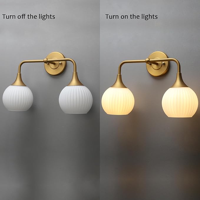 PERMO Double Sconce Antique 2 Light Sconces Vintage Vanity Light with Milk White Ribbed Globe Glass Shade for Bathroom Mirror Makeup Living Room Bedroom