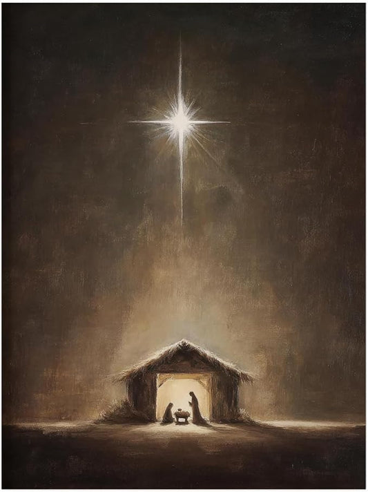 Vintage Style Christmas Manger Art Print:Christian Nativity Scene with Star of Bethlehem,Neutral Holiday Decor,Baby Jesus Artwork