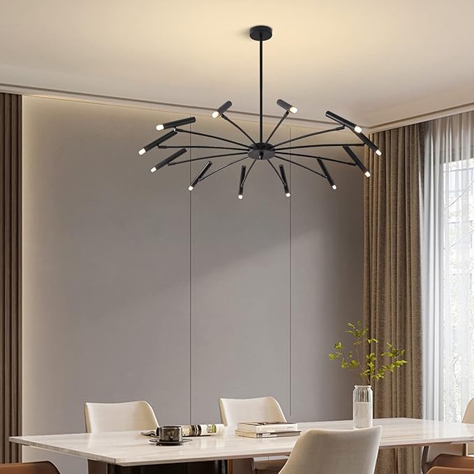 KCO Lighting Modern Black Sputnik Chandelier Mid Century Vintage 12-Lights Semi Flush Mount Chandelier Ceiling Light Industrial Satellite Starburst Chandelier Pendant Light (12-Light)