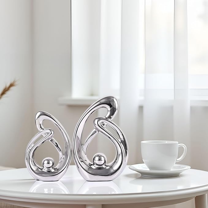 XMGZQ Home Decor Accent,Porcelain Art Mid Century Bookshelf Decorations,Gold Centerpieces for Tables,Abstract Ceramic Statue Sculpture for Coffee Table Mantel Tv Stand Centerpieces (Silver, Small)