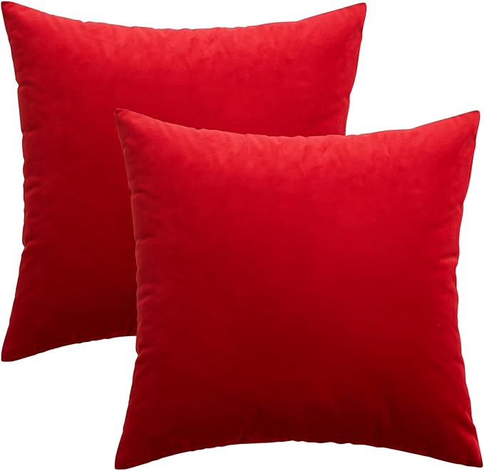 MIULEE Pack of 2 Christmas Bright Red Velvet Throw Pillow Covers 16x16 Inch Soft Solid Decorative Square Cushion Cases for Couch Sofa Bedroom