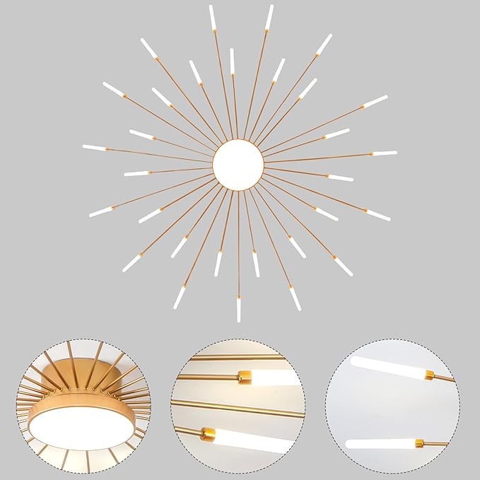 JAYMP Ceiling Light Modern Flower Shape Ceiling Lamp for Living Room Dining Room Flush Mount Metal Acrylic Sputnik Firework Petal LED Lighting Fixture (Matte Gold, 30+1 Lights)