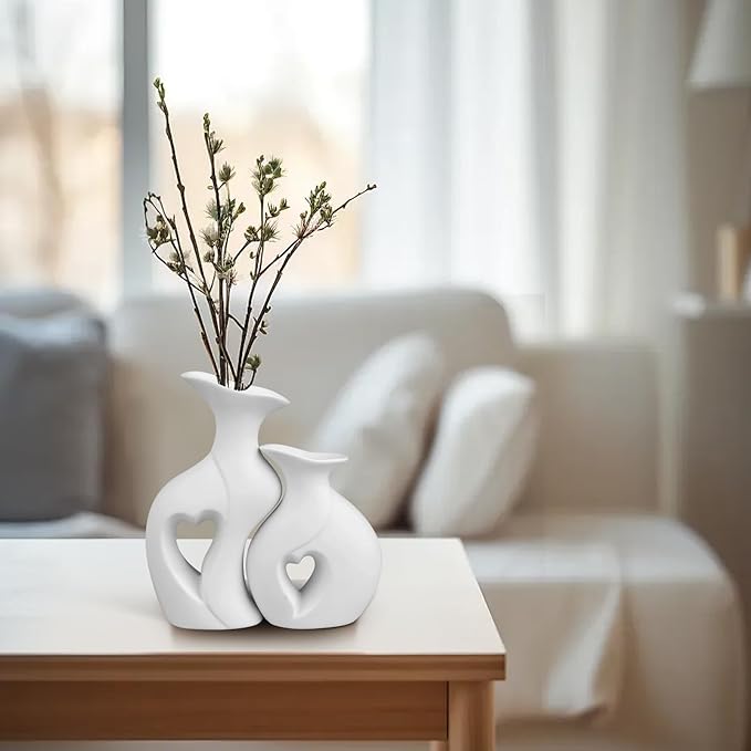 Heart Ceramic Vase Set of 2, White Flower Vases for Lovers, Modern Minimalist Vases for Home Decor or Gift