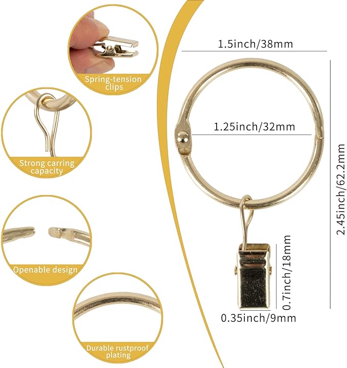 Openable Curtain Rings with Clips,1.25inch Inner Diameter,Heavy Duty Rustproof Metal Decorative Vintage Drapery Rings Curtain Clips Rod Hangers Door Curtain and Shower Curtain Rings Gold Zocang