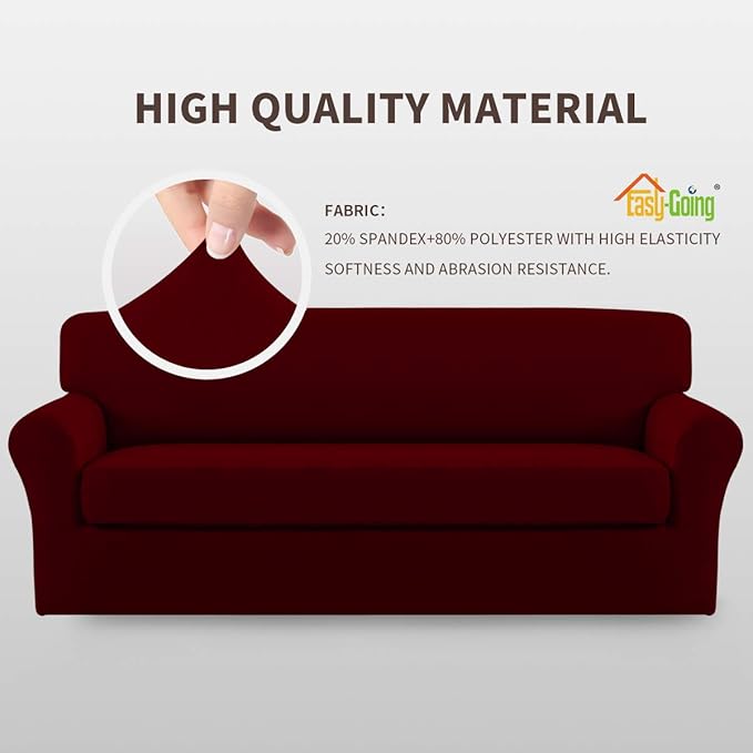 Easy-Going 2 Pieces Microfiber Stretch Sofa Slipcover – Spandex Soft Fitted Sofa Couch Cover, Washable Furniture Protector with Elastic Bottom Kids,Pet (Oversized Sofa, Wine