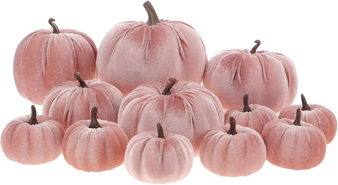 12 Pcs Artificial Velvet Fake Pumpkins Sets Halloween Thanksgiving Wedding Handmade Foam Autumn Centerpiece Kitchen Decoration Light Pink