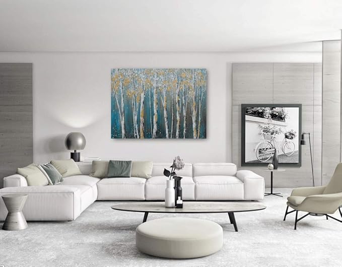 Yihui Arts Birch Tree Canvas Wall Art Hand Painted Teal and White Color Painting with Gold Foil Modern Forest Pictures for Living Room Bedroom Office Decoration