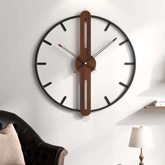24 Inch Large Wall Clock for Living Room, Modern Silent Non Ticking Battery Operated Big Clock, Rustic Minimalist Wood Metal Frame Decorative Wall Clocks for Office, Bedroom, Kitchen
