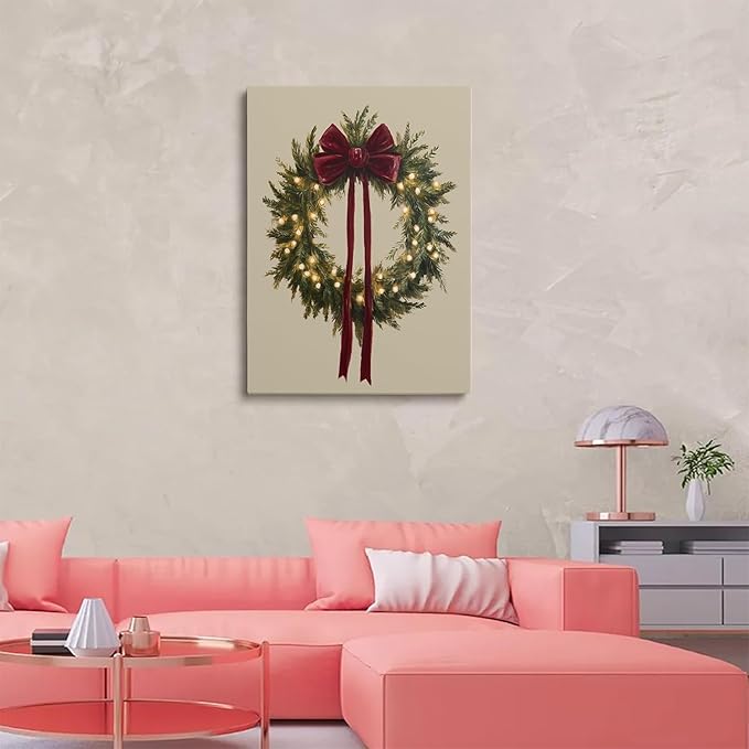 Vintage Burgundy Bow Christmas Wreath Wall Art Prints,Rustic Holiday Poster,Cozy Winter Greenery Decor,Christmas Cottagecore Prints