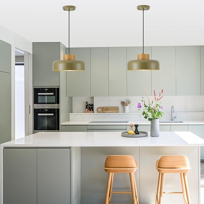 Modern Pendant Lights,12.6 inch,Naturl Wood,Adjustable Simple Pendant Lighting for Kitchen, Dining Room, Olive Green