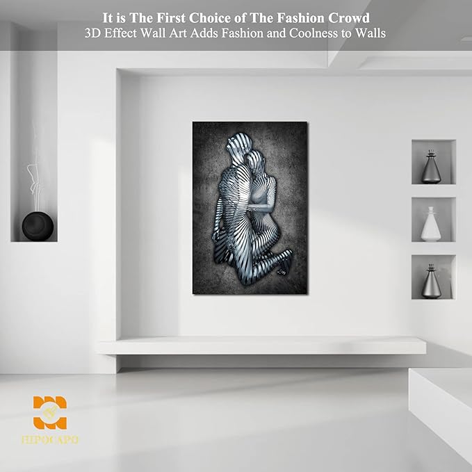 3D Metal Effect Wall Art - 3D Metal Art Wall, Modern Abstract Hug Lovers Painting Picture Poster Prints for Bathroom, Romantic Couple Living Room Canvas Wall Art Framed 32”x48”x1Pcs
