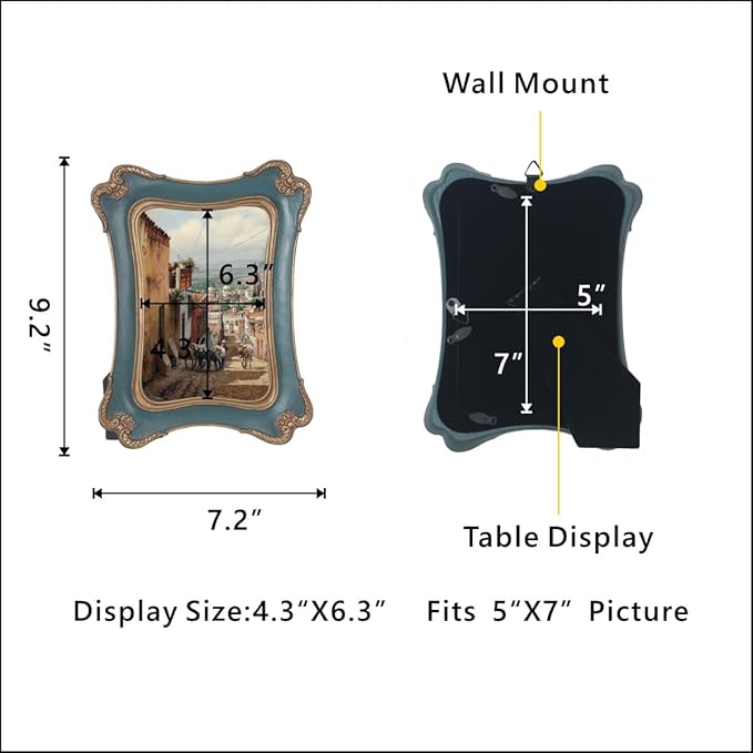 WINPLUS+ Vintage Picture Frame 5x7, Wall Mount and Tabletop Display, Art Gallery Gift (Mineral Green and Gold 5x7)